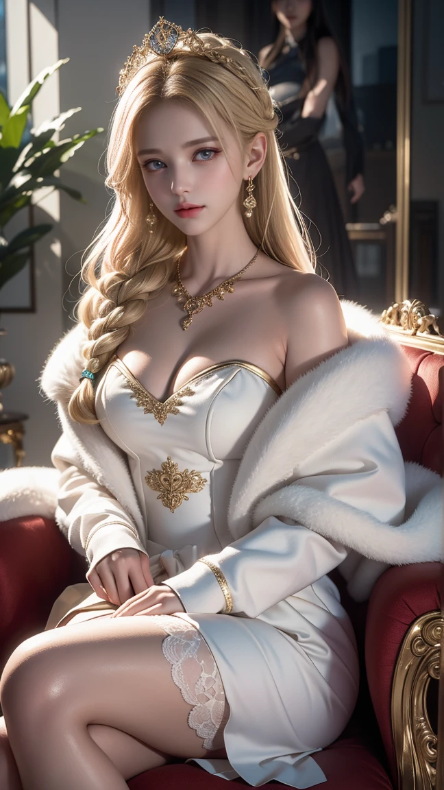 (((medium full shot))), (best quality, ultra-detailed:1.3), (nice hands, perfect hands), official art, cinematic light, (1girl:1.3), adulthot girl, wearing a royal white fur coat and black lace lingerie, sitting on a golden throne, blush, beautiful face, green eyes, blonde hair, crownbraid tie, golden tiara, flowers, plants, shiny skin, gold jewelry. Concept Art