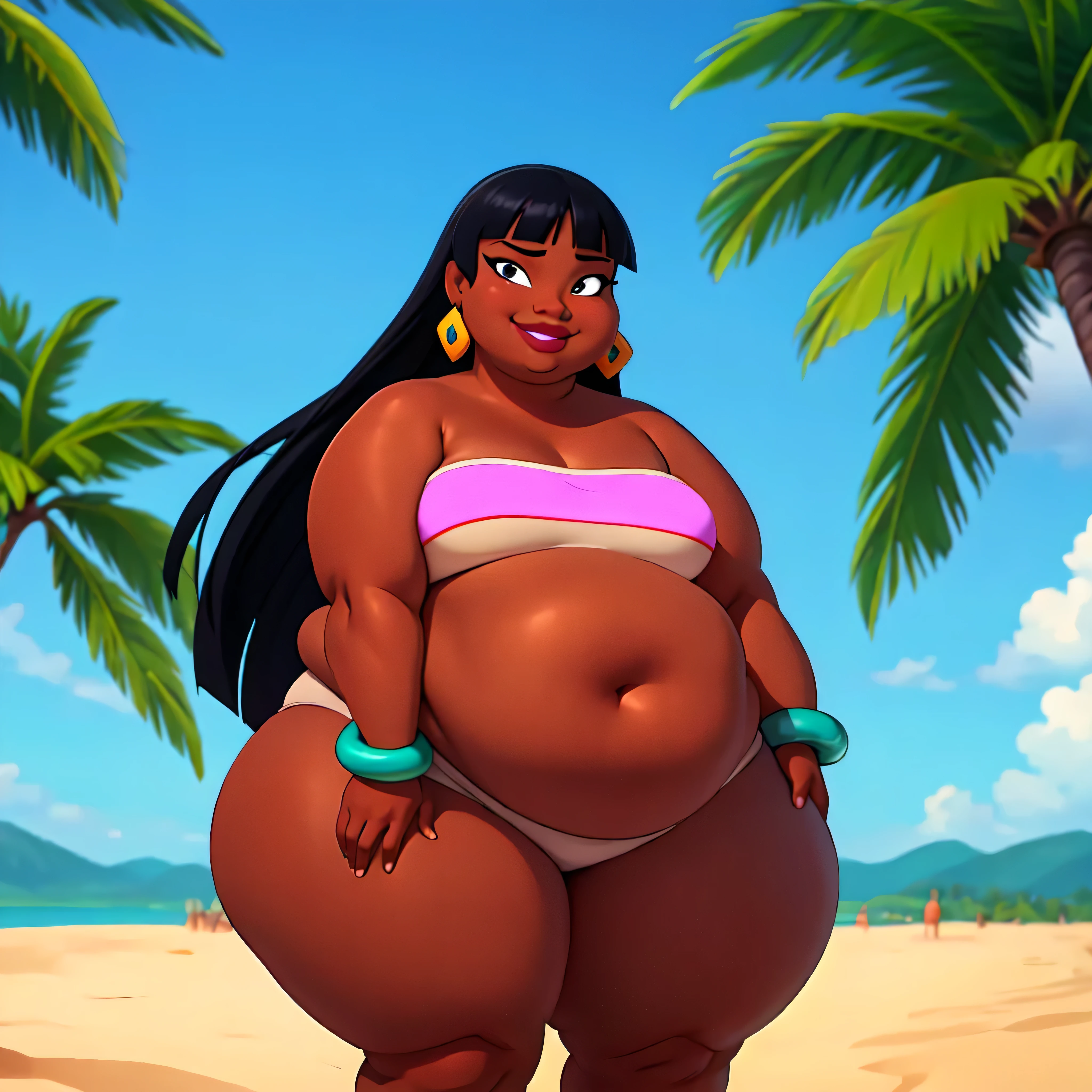 (work of art:1.2, best qualityer:1.2), SSBBW, Giant breasts, thunder thighs, soft ambient lighting, perfect lighting, 1 girl, standing alone, Chel, Bblack hair, long hair, rhombus stripe, eyes browns, darkskin, lipstick, breasts big, Broad Hips, top of the tube, neckleace, bared shoulders, emerald earrings, emerald bracelets, looking at the camera with a smug expression on his face, beach background, very large body, fat belly rolls, big breasts, sexy smile, fat arms, thunder thighs, super fat, looking at viewer, wet clothes, sweating very hard, sexy looking, blob