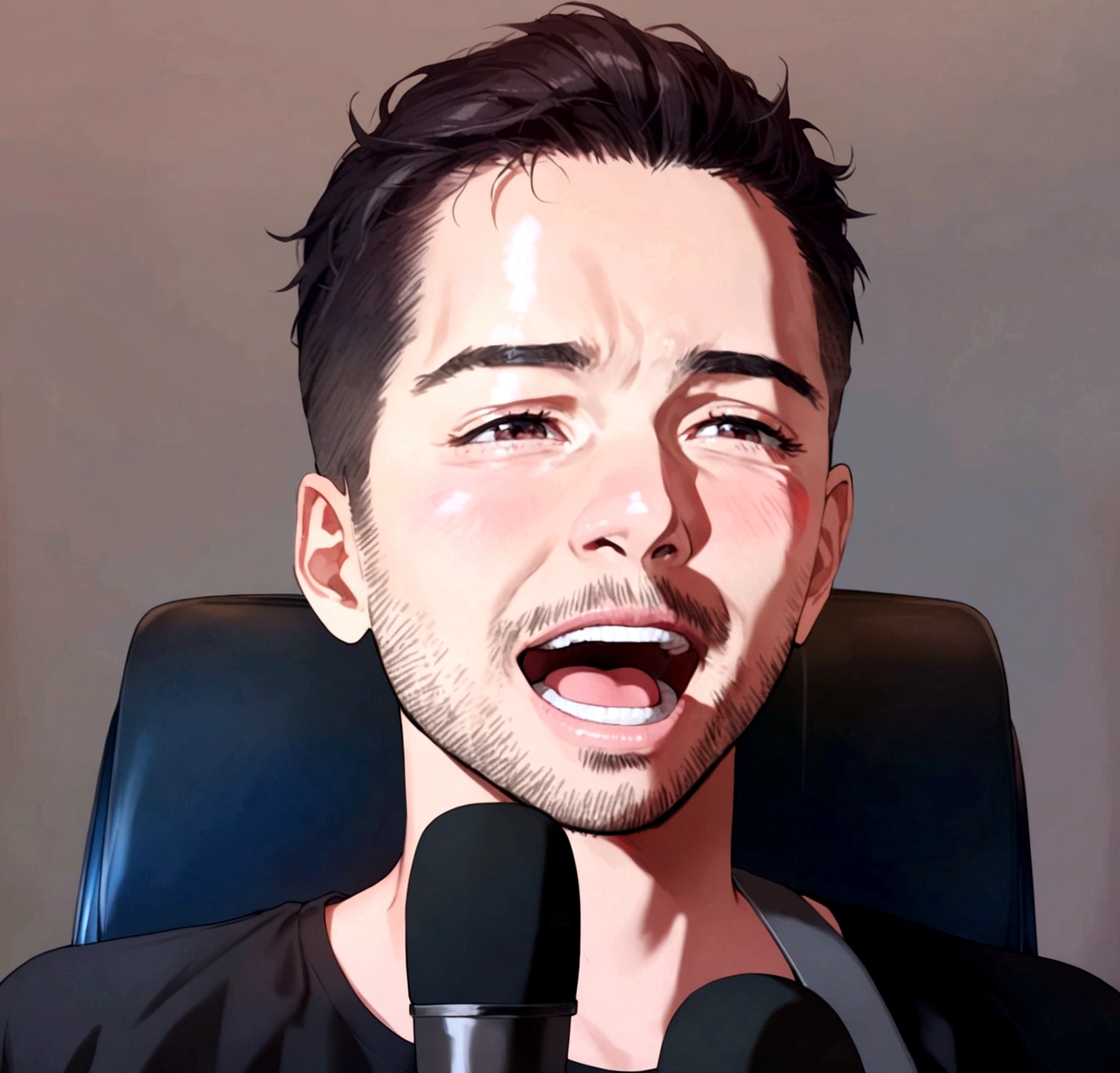 Stand microphone, guitar, singing, sitting on a chair