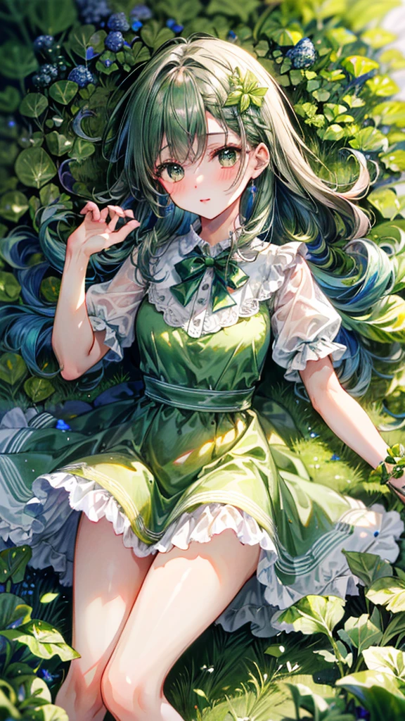 (Best quality, 8k, 32k, Masterpiece, UHD,:1.2),RAW, 1girl,ultra cute , natural lighting,transparent shining eyes, 20yo ,fair complexion, long hair, french braid, flushed face,femur, medium hair, dress Like lettuce, dress made of lettuce leaf, fresh, fresh green dress, Happily, lettuce Field, ((surrounded by lettuces)), emphasizing the femur, Cowboy shot, leaf hair ornaments, cabbage fairy, (((lettuces))), shiny, From above
