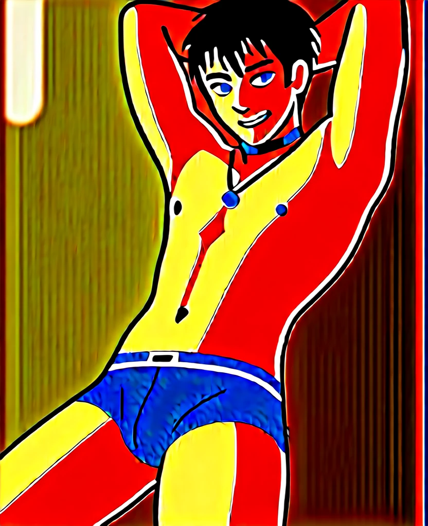 1 cute male, looking at the camera, naughty face, Dark Red hair long to the chest with blue tips, blue eye, wearing no shirt, Athletic Belt, lying in the bed, japanese house , Handsome boy, hot body, wearing no shirt, black neck necklace, Athletic Belt, bulge Calvin Klain Black Underwear, hands behind head, cute male, wearing no shirt, Athletic Belt, , cute boy) hot body.