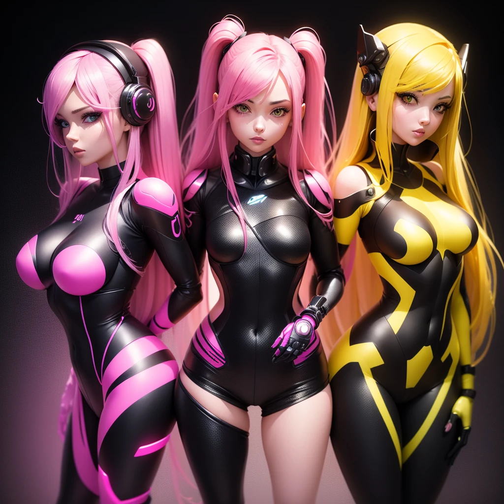 Two sexy Android girls posing next to each other back to back with a half turn they have long pink hair in a pink suit with small yellow elements the woman is half a cyborg modification Beautiful sexy with bright yellow eyes stands at full height with a half turn sideways Anime Style black background Cyberpunk style, Robot Girl, black background image of night black city and pink neon lights