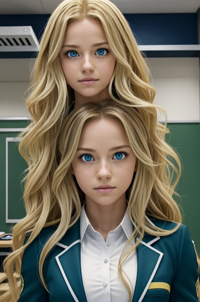 Screenshot of boku no hero academia, beautiful woman, long wavy blonde hair, with one blue eye and the other green, with a calm expression, UA uniform, standing in a UA classroom