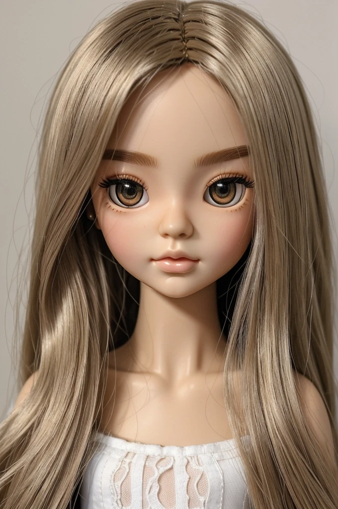 ((best quality)), ((masterpiece)), (detailed), perfect face Specifically, I want a blythe doll with white skin, slanted eyes (Asian), slightly wavy, long, ash blonde hair, strictly NO bangs, I don't want hair on the forehead!!!!, light brown eyes, dark brown eyebrows, small nose and pointed, thick lips and pink color, the doll must wear a black t-shirt with thin straps, and send a kiss as a pose