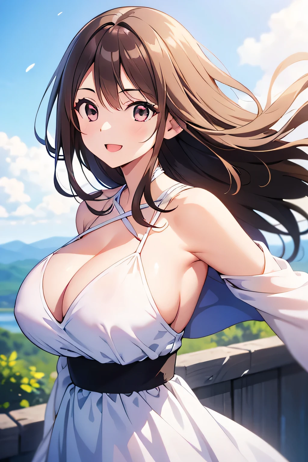 masterpiece, Upper body shot, An attractive 18 year old girl、independent、look forward to、Light eye makeup、Brown Hair Color、Hair blowing in the wind、Quality of actress、Shiny, Ultra-realistic faces、smile、anime style big eye、look up、Pleasant lighting effects、 Ultra-Realistic Capture、Very detailed、High resolution 16k human skin closeup, Skin texture must be natural、Must be so detailed that pores are visible、skin is healthy、It must be in the style of dress 、Use natural light and color、High quality photos taken by modeling agencies, Exclusive photographer、smile, Loose-fitting, lightweight white dress , Shoulder out, Very good, No sleeve, showing huge breasts , Glamorous Body:1.3