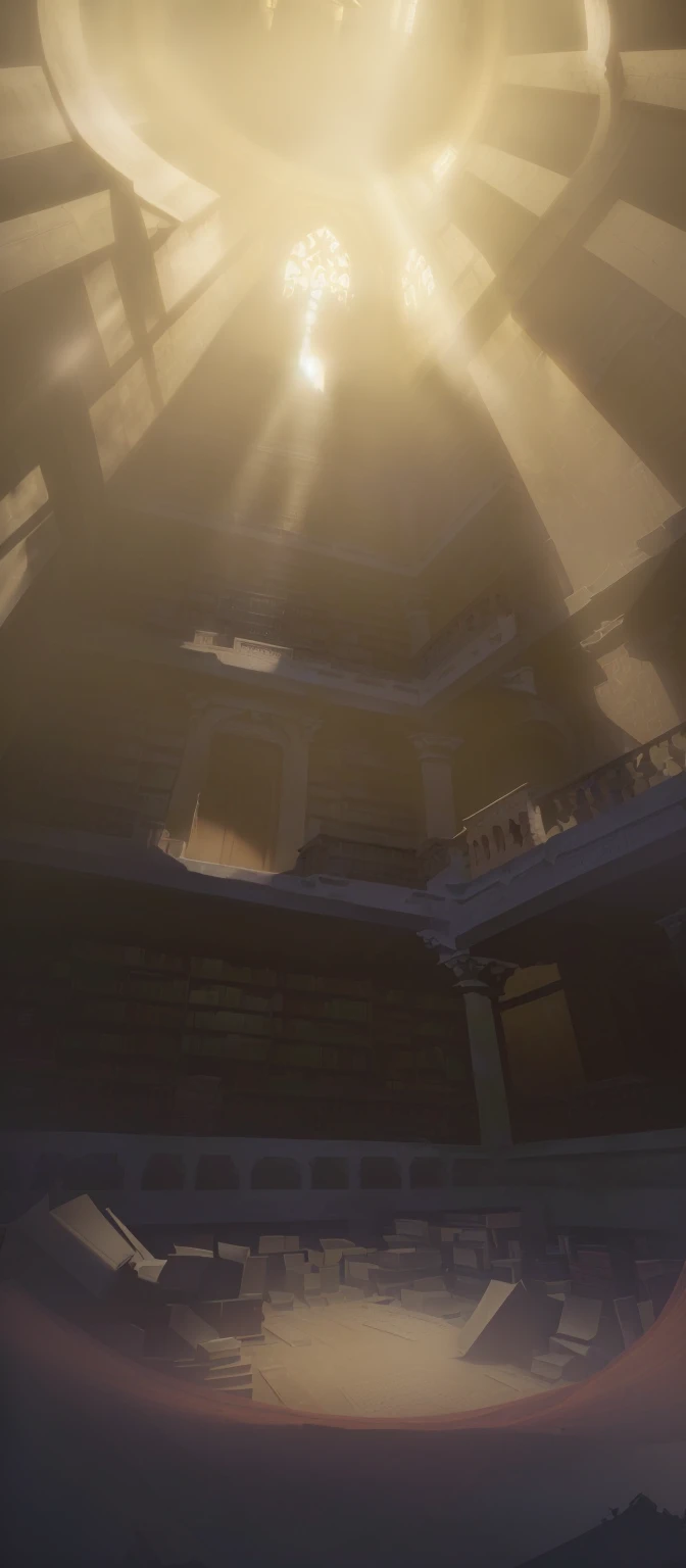 There is a photo of sunlight shining through a building, dusty library, gloomy library, Gothic Epic Library Concept, library of ruina Concept Art, Dramatic Lighting. Concept Art, alchemist Library Background, dark library, Detailed lighting and textures, ancient library, Library Background, library of babel, Old Library, in a gloomy library, In her hyper-realistic VR castle