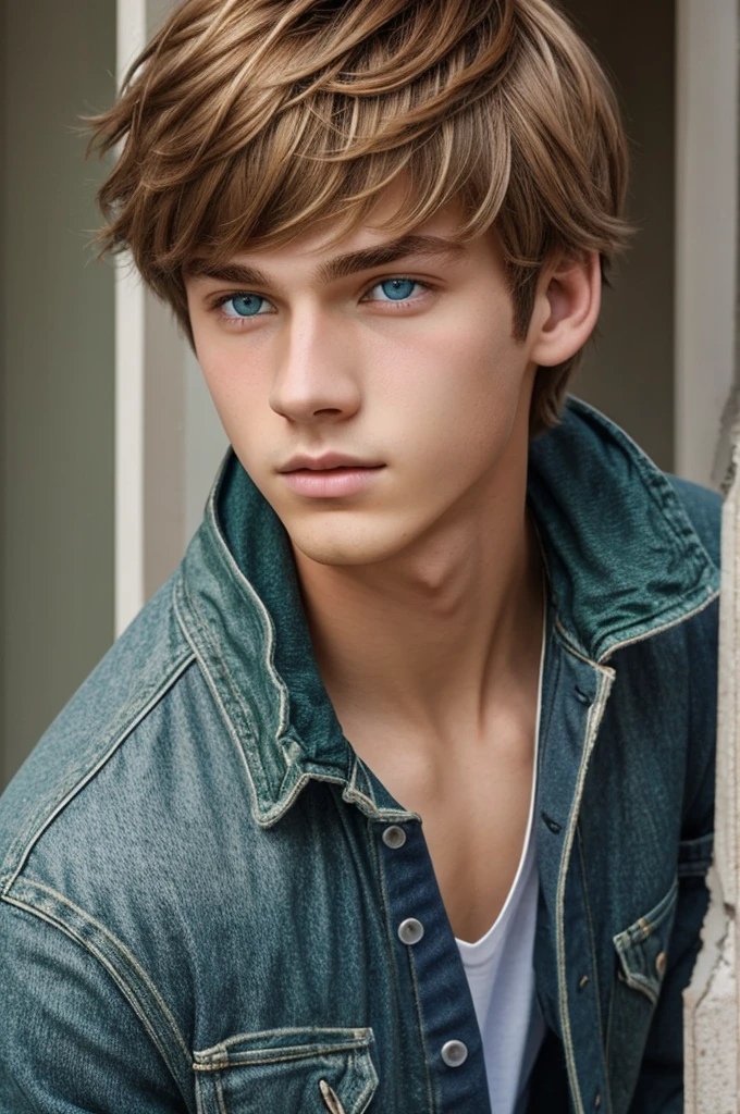Create a 17-year-old teenage male with medium-short golden hair., with light brown skin and blue eyes., green, purple, gray and brown and that you can see their colors well. eyes and naturally