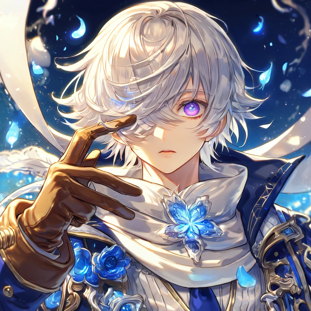 Ultra detailed, highres, absurdres, HDR, master piece, lag Seeing, messy white hair, short hair, expressive purple eye, hair falls over his right eye, Tegami Bachi, blue petals, white scarf, sexy man, solo, best quality, blue flowers, blue shining fireflies, fantasy, magical, brown gloves, blue moon, blue cropped jacket with white patters, blue necktie, white shirt