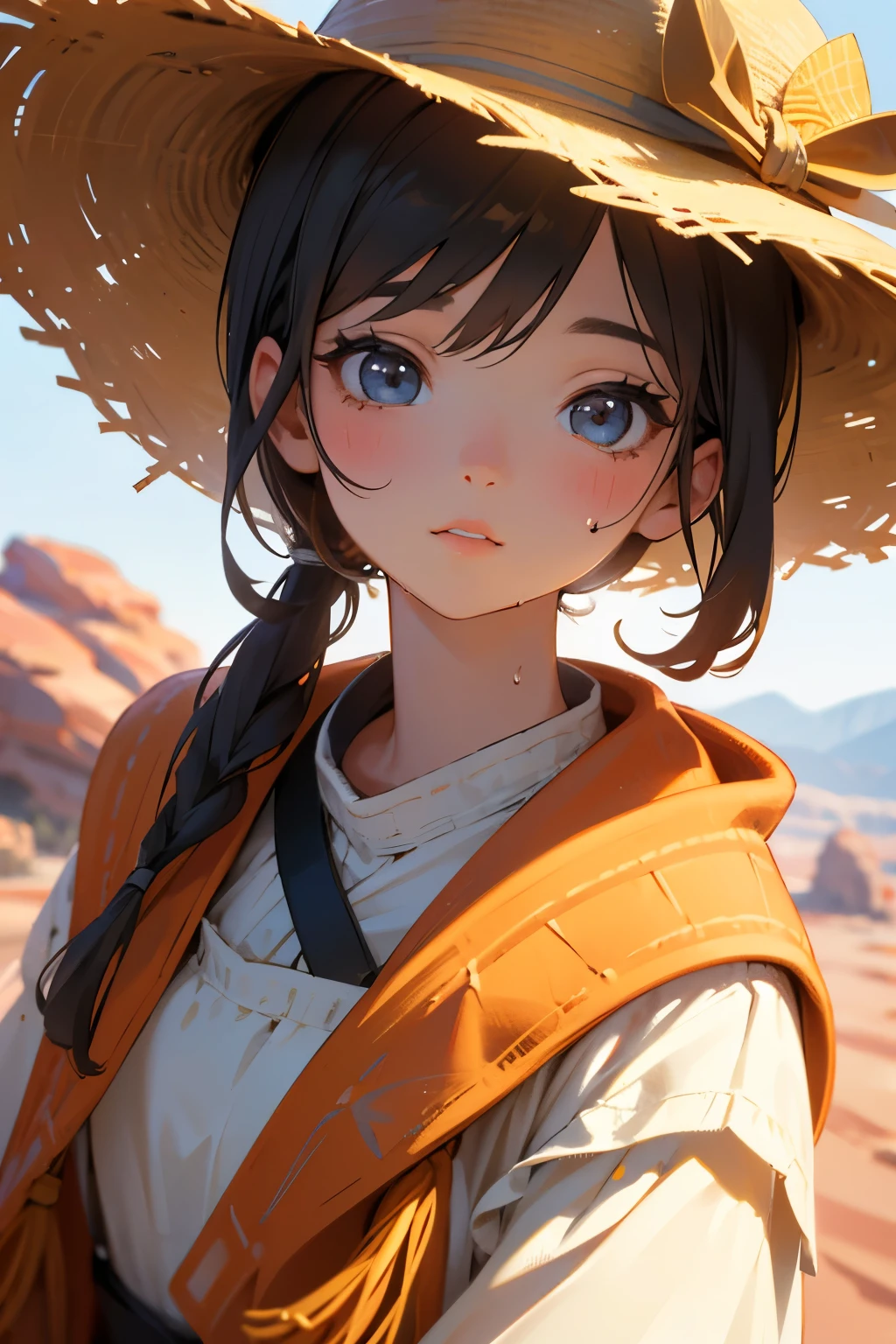 Chibi Girl、Walking along a straight road in Valley of Fire State Park、hat、Sweat、heat haze、No green、I can see a big rock mountain、Very detailed、Ultra-realistic、Photorealistic、8K、Hyperrealistic、masterpiece、Beautiful detailed eyes、Beautiful detailed lips、Very detailedな顔、Long eyelashes、Beautiful young girl、Calm expression、Warm colors、Beautiful lighting、Cinematic、Intricate details、Bright colors、Soft Focus、Depth of written boundary