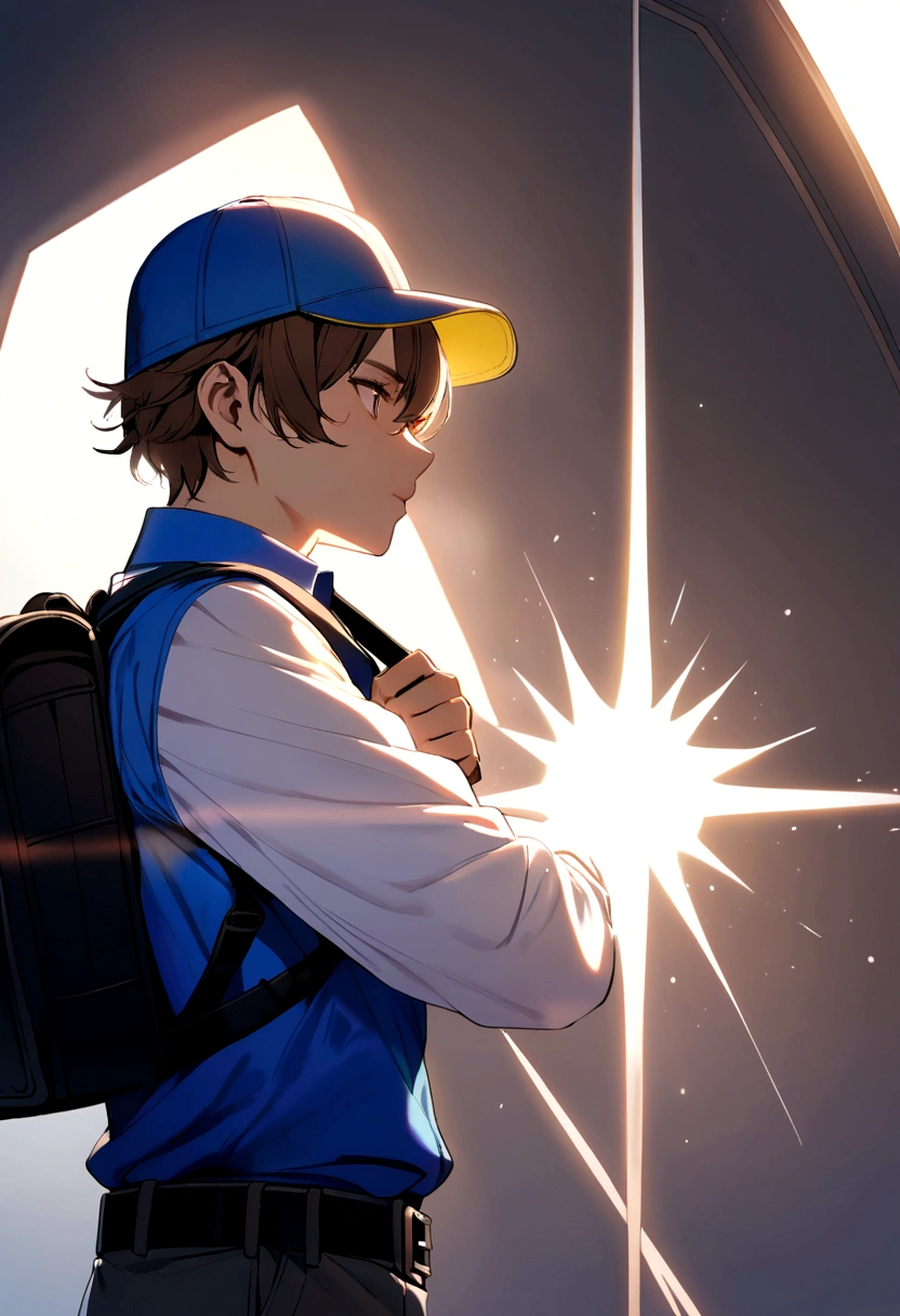 Brown haired boy, blue polo shirt, white sleeves, blue and yellow cap. black backpack, black belt.