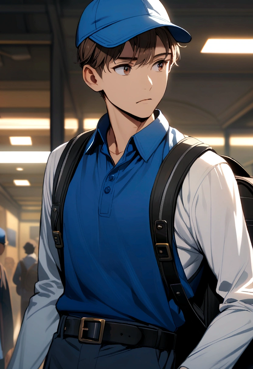 Brown haired boy, blue polo shirt, white sleeves, blue and yellow cap. black backpack, black belt.