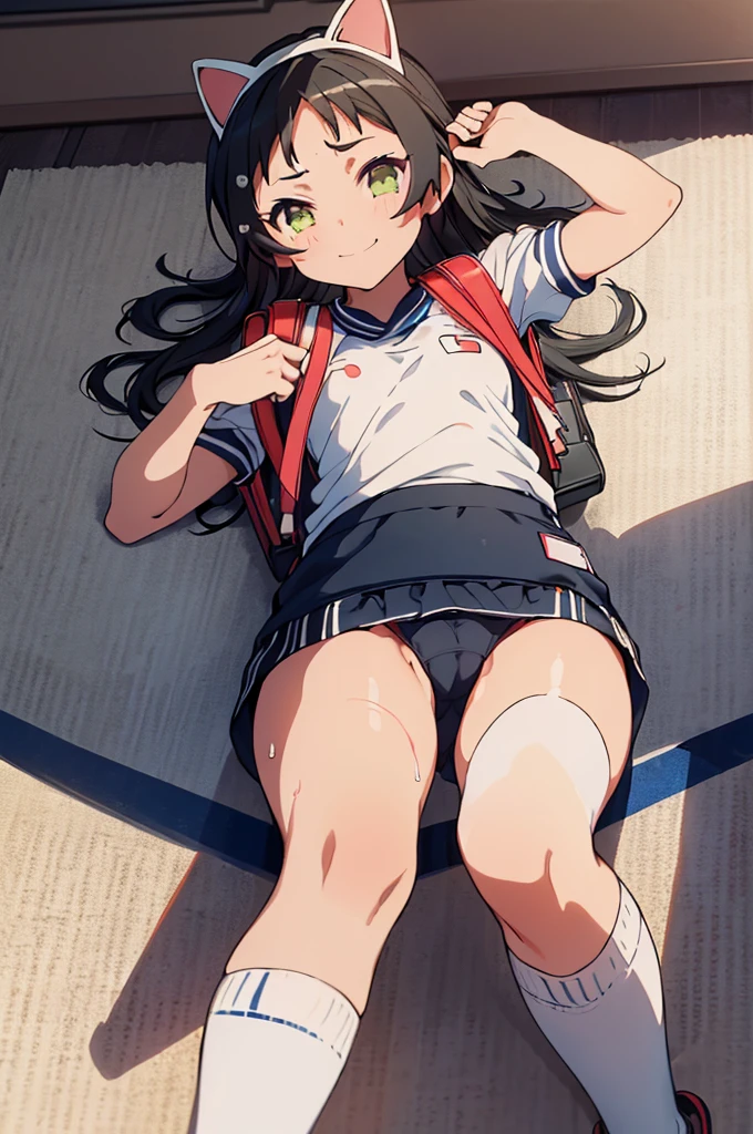 masterpiece, ultra quality, ultra sharp, ultra detailed, 1girl, solo, (((good anatomy))), haduki kurumi, (tattered torn dripping wet white gym shirt), navy gym pants, animal ears, randoseru, name tag, Japanese anime pose, laugh, BurumaShorts, Buruma, Gym Uniform, (((lying:1.4,  spread_legs, legspread, split_legs, spreading legs)), (randoseru backpack:1.4), (smirk smile), buruma, blue buruma, black buruma, (cameltoe), (tattered torn short sleeve white gym uniform with colored hem), (tiny nipples), (white long loose socks), strong lighting, legspread, bukkake, cum on clothes, cum on legs, cum on buruma, cum on bloomers,