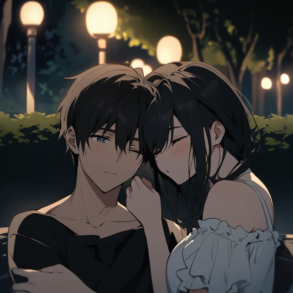 Couple kissing in the park at night、The woman has straight black hair, her eyes closed, and is wearing a white off-the-shoulder blouse.、The man has his eyes closed and is wearing a black T-shirt