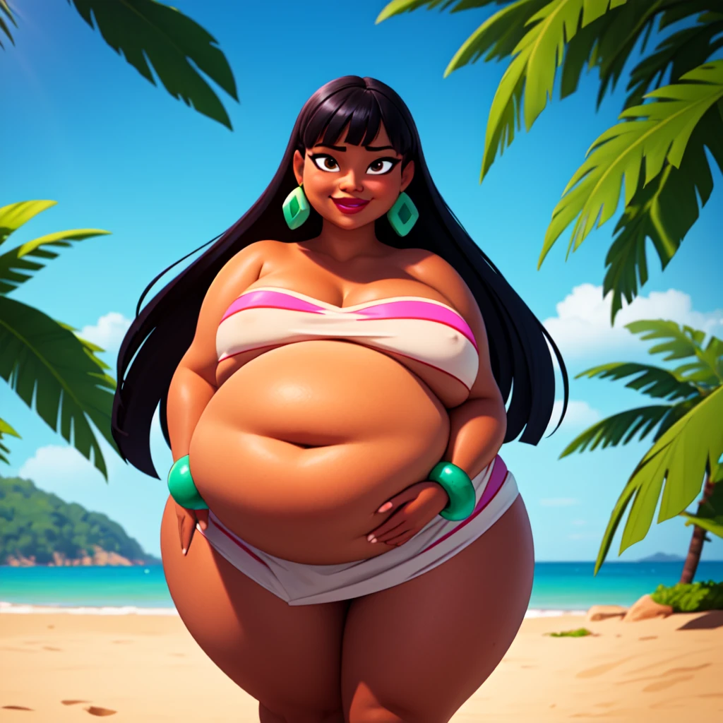 (work of art:1.2, best qualityer:1.2), SSBBW, Giant breasts, thunder thighs, soft ambient lighting, perfect lighting, 1 girl, standing alone, Chel, Bblack hair, long hair, rhombus stripe, eyes browns, darkskin, lipstick, breasts big, Broad Hips, top of the tube, neckleace, bared shoulders, emerald earrings, emerald bracelets, looking at the camera with a smug expression on his face, beach background, very large body, fat belly rolls, big breasts, sexy smile, fat arms, thunder thighs, super fat, looking at viewer, wet clothes, sweating very hard, sexy looking, blob