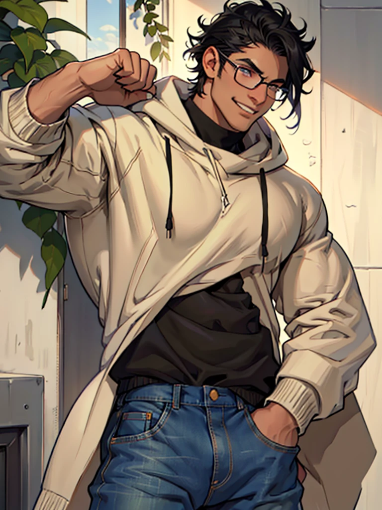 A handsome young man with curly, fluffy black hair, hooded almond-shaped eyes in a mossy green color, smooth and soft olive-toned skin, defined facial features, a slender, triangular body shape, a straight nose with a soft tip, plump, full lips with a pronounced Cupid's bow, a wide mouth, long lashes, tall stature with large hands and dark purple painted nails, a chiseled jawline, high cheekbones, and thick straight eyebrows, yet with a gentle demeanor. He wears a white shirt, a beige sweater on top, loose light blue denim jeans, and white shoes. He has rectangular thin-framed glasses and a "messy cut" hairstyle. His smile is kind and welcoming, with perfectly white teeth despite having sharp canines.
