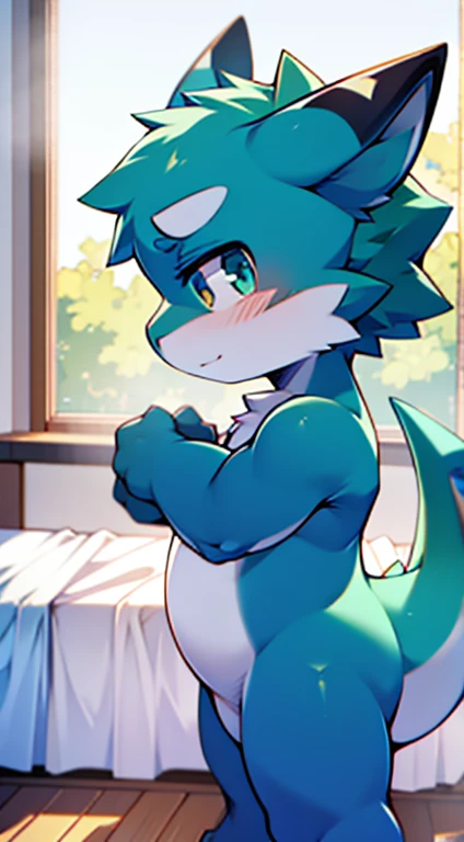 Shota Dragon、Jade-colored skin、Round eyes、Smooth Skin、show、Shy face、Bedroom、