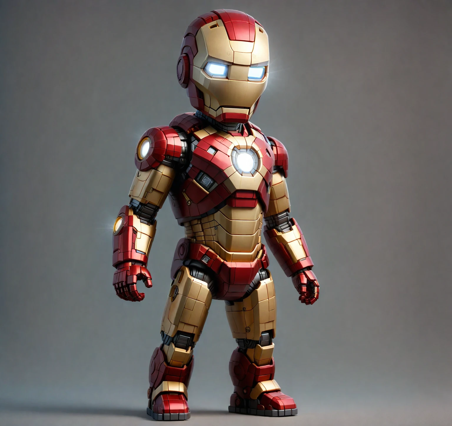 a close up of a toy iron Man with a light on, like iron Man, 3d children robot, iron Man, minion iron Man, superior iron Man, iron Man, High-quality CG rendering, Arnold Maya Rendering, high detail iconic character, tintoy character design robot, Cartoon Rendering Keyshot, 3D character rendering, 3D Rendering Character Art 8k, Very detailed,ral-3dcubes