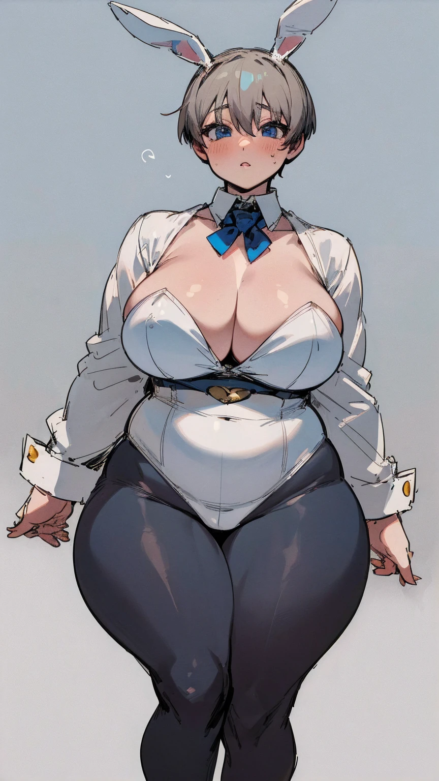 masterpiece, best quality, ultra-detailed, Potrait of beautiful , (chubby) (muscular), (plump), (sexly), (cleavage), ((tomboy)), (アニメ), (Breasts), (Plump), ((very short hair)), ((Uzaki Hana)), (overweight), (Gray Hair) (Wearing black tights), ((Saggy breasts)), (blue eyes), (Short Hair), (blue eyes), ((thick)), (bunny girl), (fullbody), (Bunny ears)