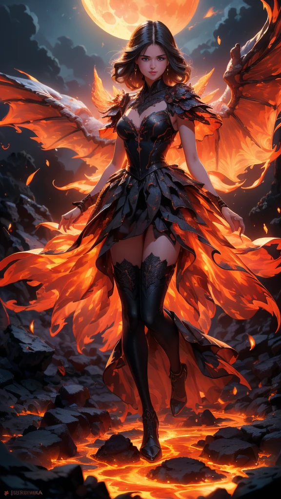 (La Best Quality,A high resolution,Ultra - detailed,current),Selena Gomez in a dress made of lava magma, (cabello elemento fuego:1.4 ) , (fire magma dress :1.4), Epic Fantasy Art Style HD, 4K fantasy art, epic fantasy digital art style, epic fantasy art style, Fantasy Woman, epic fantasy art portrait, Epic fantasy style, hyperrealistic fantasy art, hd fantasy art, Epic fantasy character art, epic fantasy art, in style of dark fantasy art, epic fantasy digital art,(Ruined dungeon ruins background:1.4 ), More detailed 8K.unreal engine:1.4,uhd,La Best Quality:1.4, photorealistic:1.4, skin texture:1.4, Masterpiece:1.8,first work, Best Quality,object object], (detailed face features:1.3),(The correct proportions),(Beautiful blue eyes),  (dynamic cowboy pose), (Selena Gomez :1.4), (perfect anatomy :1.4),( cinematic lighting :1.4), (face detailed Selena Gomez :1.4), (magma alas grandes :1.4),( magma lingerie lace style :1.4), (skirt lifted by itself: 1.1), (skirt lift: 1.3), (showing white panties: 1.3), (fire element:1.4),(It consists of a fire element, (rodeado de magma lava:1.4), (vestido de magma V2.1), (piedras grandes magma negro :1.4), (including wisps of flames:1.4) , glowing hot embers, (subtle curls of smoke:1.4) , and a beautiful fire druid. (The druid stands in the midst of a raging inferno with an interesting composition:1.4) .(lava :1.4), (essence of fire:1.4) , painting of a firery demon elemental, (fondo luna brillante grande :1.4) 
