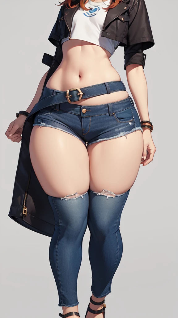 blank background, (((full body))), (masterpiece), ((best quality)), (very short girl), ((flat chest)), hair over one eye, (wide hips:1.4), ((thick thighs:1.4)), (blue jeans), sandals, belt below navel, fanny packs, ginger hair, from behind