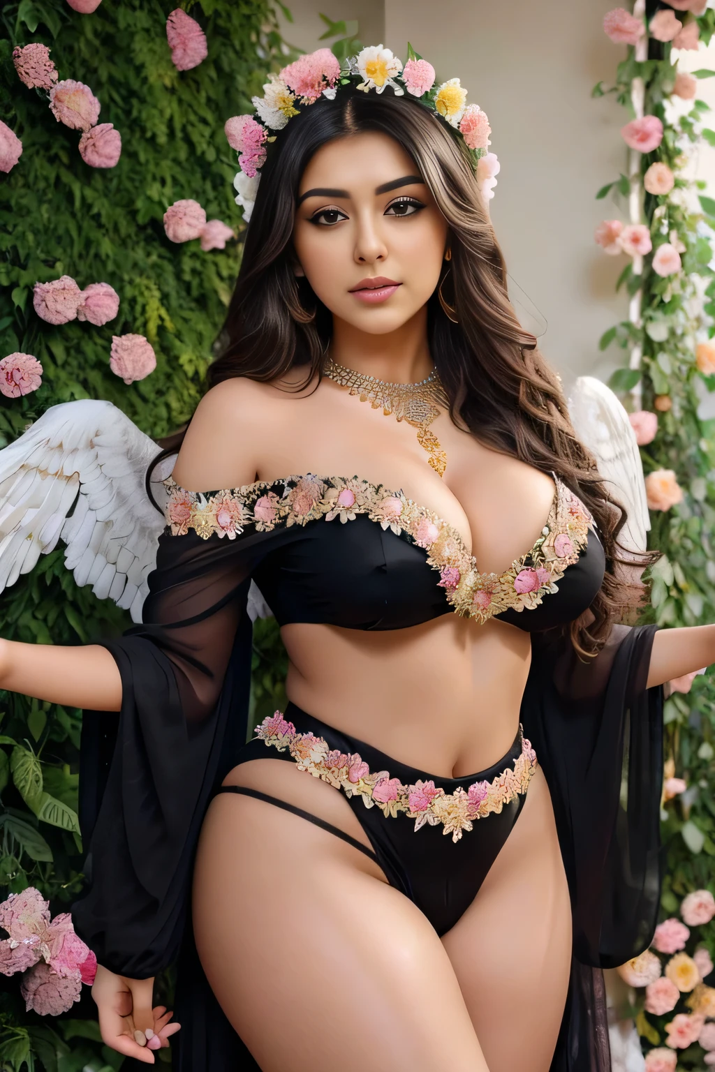 Hansika Motwani is a angel, Big breast, Big  . Indian Apsara, indian angel. Curvy figure, beautiful face, beautiful figure, flowers stage. On her head flowers garland. She has angel wings. Her body cover with flowers. Black colour outfit, All outfits made with flowers. Transparent outfit.