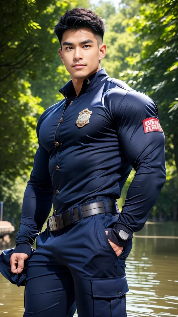 top-quality、​masterpiece、超A high resolution、(realisitic:1.4)、Detailed face、solo、１human male、Dark hair、glistning skin、dense skin、(asian human)、architectural、(absurderes、hight resolution、ultra-detailliert)、、1 male、Adults、(20-year-old man)、a handsome、tall muscular man、broad shoulder、extra very short hair、angular jaws、thick neck、thick eyebrow、extra very short hair、A dark-haired、fine eyes and detailed face、 Highly detailed CG Unity 8K wallpapers、intricate-detail、(Style Swirl Magic:0.7)、looking at the spectator、solo、(full body Esbian:0.6)、Detailed background、A detailed face、dynamicposes、、Urban background、dynamic compositions、 big muscle、、((((Crotch bulge))))、a handsome、 ((masutepiece:1.4, Best Quality)), ((masutepiece, Best Quality)), (photographrealistic:1.4)、(((Dressed as a firefighter)))、M-shaped legs, Pubic hair, Open legs, ,  Abs, ((Erection 1.2)), (Moccoli: 1.4), (Manly chest plate)), Sweating, (He is wet, Wet 1.2),, (Slipping thin underwear, Wet and beautiful 1.4)), Blood vessels in the arm、、Chinese Bishonen、firefighter、white glove、black cargo trousers、Orange jacket coat,natta、Fire scene、firefighter、Rescue Team、having clothes are worn、Baseball Cap, Cropped jacket,  Black Gloves, Belt bag, Cowboy Shot,Background of the accident