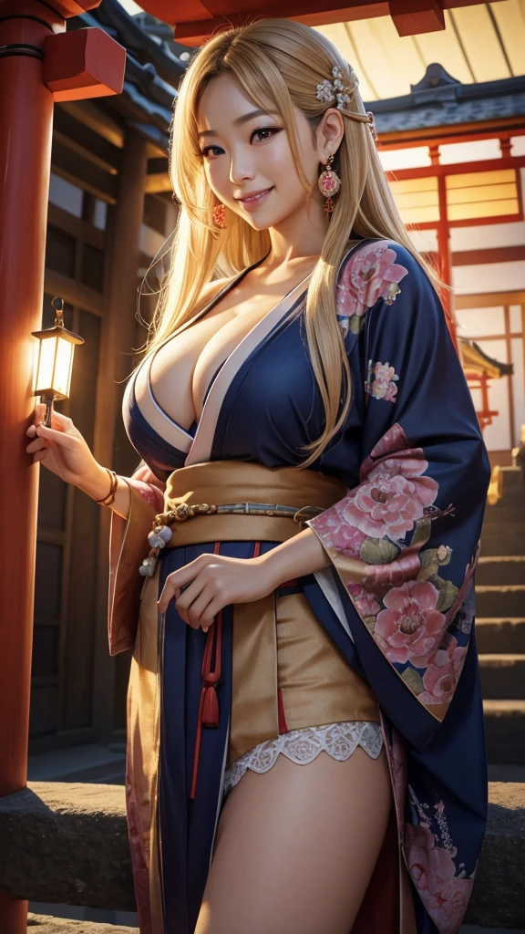 Gods from Japanese shrines and temples interact with modern beliefs and perform miracles. They regain people's trust and bring mystique to modern society. 8K , HD, highly detailed, realistic, photography, photo realism, --ar 9:16 -- at 6.0 --s 750,alone, Long Hair, View your viewers, Blonde, Brown eyes, gem, whole body, Realistic, Sexy、Big Breasts 、stockings、clip on earrings,during,bracelet、smile,kimono

