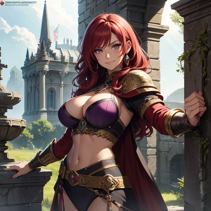 (absurdres, high fantasy artwork, best high quality image, carefuly detailed, very detailed features and textures) full body view solo character
60 years old barbarian woman milf, long curly crimson red hair, purple eyes, fantasy paladin green armor.
Smiling, cheerful, kind and wise, doing a confident and brave pose with her fists on her hips
Stone irish castle tower with ancient greek forniture and celtic forniture