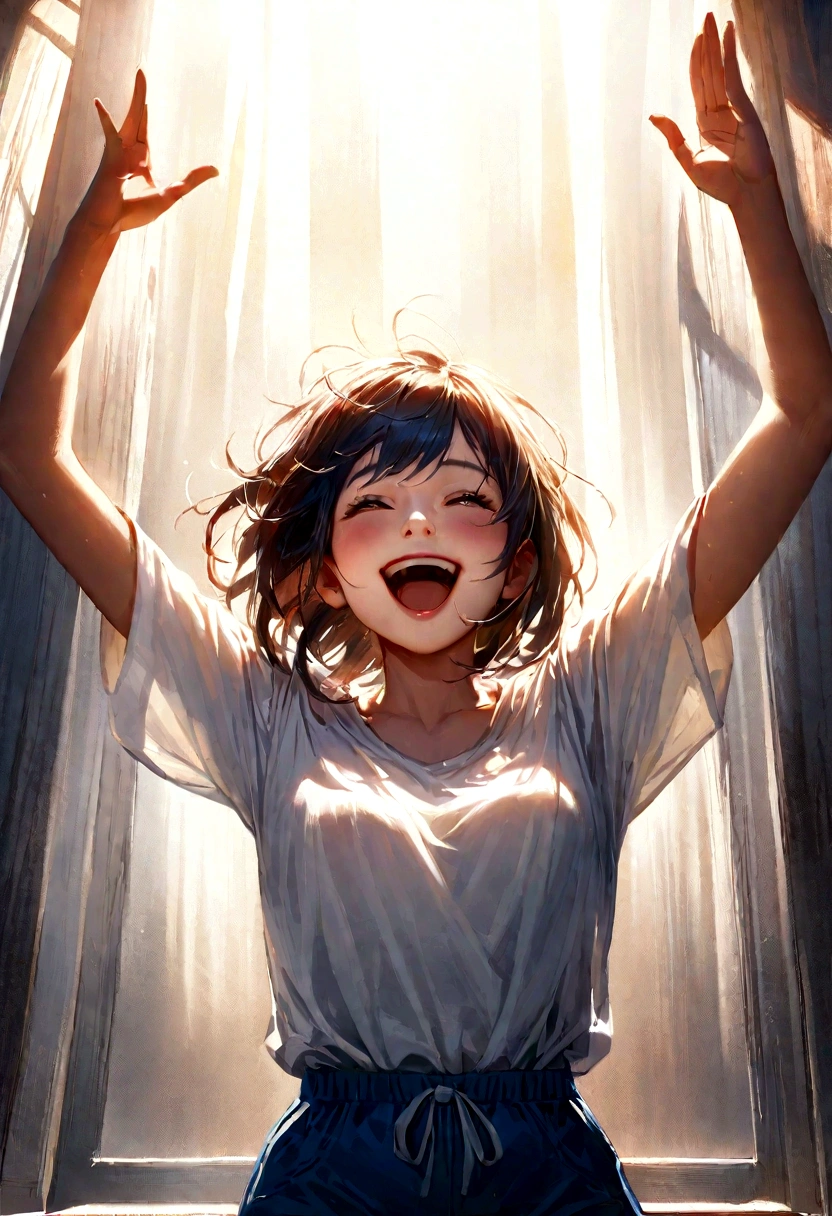 Create a photorealistic horizontal image of the character Joy from Inside Out, standing on a white background with a floor reflection. Joy should be wearing a white t-shirt and blue shorts. She should be looking very happy with her arms raised, showing excitement and joy. The image should be highly detailed and realistic, with natural lighting and shadows. The character should clearly resemble Joy from the movie Inside Out. Best quality, best definition face. 4k resolution.