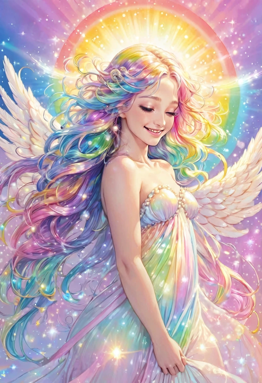 The birth of a beautiful angel, smiling, divine light, wrapped in light, pearl light born from a large pearl shell, long hair in pastel rainbow colors