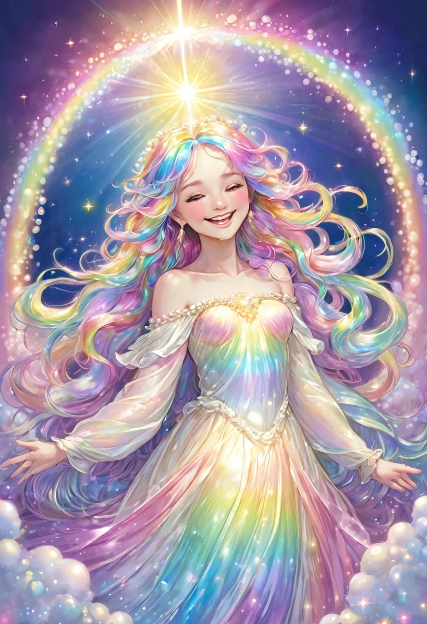 The birth of a beautiful angel, smiling, divine light, wrapped in light, pearl light born from a large pearl shell, long hair in pastel rainbow colors