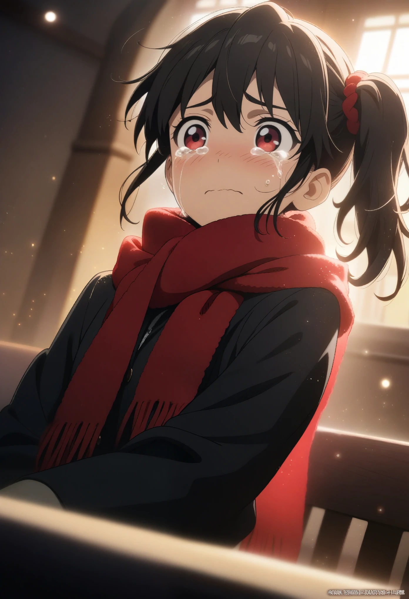 1girl mattaku mousuke, official art, sitting, crying, tears streaming, black coat, red scarf, black hair, side_ponytail, red eyes, (very aesthetic, best quality, ultra detailed), intricate details, highres, indoors, light particles, close-up, blurry background,, low angle, cinematic angle, cowboy shot, emotional, delicate features
