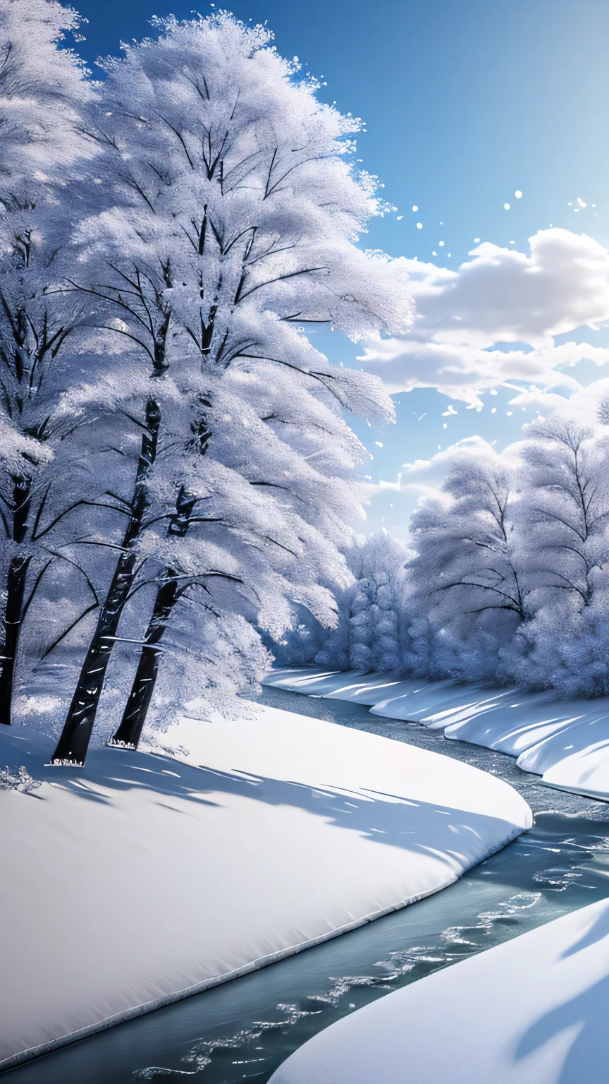 Winter white trees river clouds snow ice, Ultra HD, Realistic, Vibrant colors, Very detailed, UHD rendering, Pen and ink, Perfect composition, Beautiful and sophisticated、Highly detailed Octane renderings are trending on Art Station, 8K Art Photography, photoRealistic concept art, Perfect cinematic light with soft, natural volume
