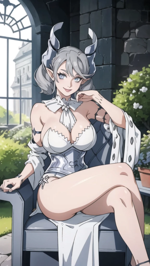　garden sun light High level image quality　best image quality　8K　 adult woman   silver castle outside  more colors   whole body view　portrait　 bikini   　horn    ears  　short hair（（shortcut）（gray hair）（perm）（fluffy））　eye color is blue ,  , 　attractive evil face , smile   ,  sexy pose   ,  labrynth ,  barearm    , wearing white   , sitting on chair , crossed legs   , view side