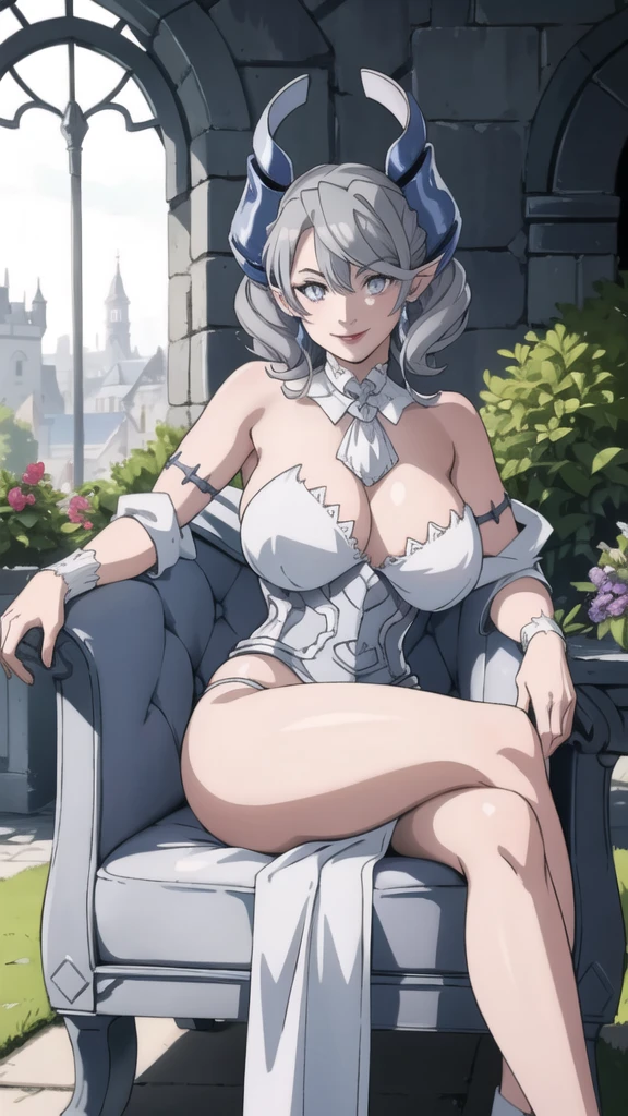 garden sun light High level image quality best image quality 8K adult woman silver castle outside more colors whole body view portrait bikini horn ears short hair((shortcut)(gray hair)(perm)(fluffy)) eye color is blue , , attractive evil face , smile , sexy pose , labrynth , barearm , wearing white , sitting on chair , crossed legs , view side