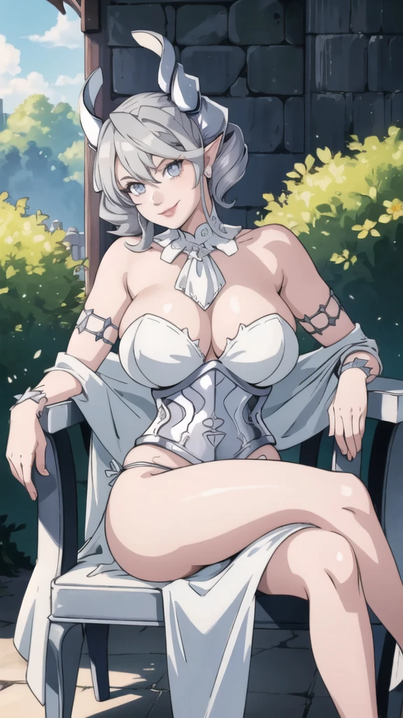 garden sun light High level image quality best image quality 8K adult woman silver castle outside more colors whole body view portrait bikini horn ears short hair((shortcut)(gray hair)(perm)(fluffy)) eye color is blue , , attractive evil face , smile , sexy pose , labrynth , barearm , wearing white , sitting on chair , crossed legs , view side