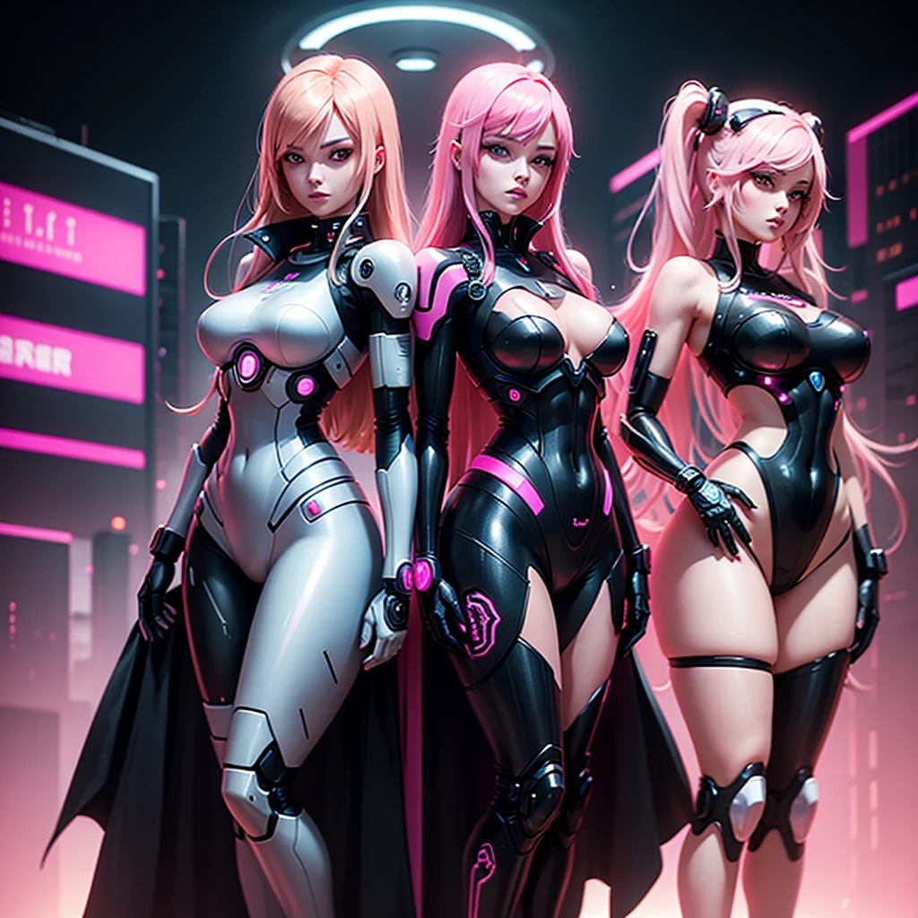 Two 2 sexy girls two Androids posing next to each other back to back half turn they with long pink hair in a pink suit with small yellow elements woman half cyborg modification Beautiful sexy with bright yellow eyes stands in full height half turn sideways Anime Style black background Cyberpunk style, Robot Girl, black background image of night black city and pink neon lights