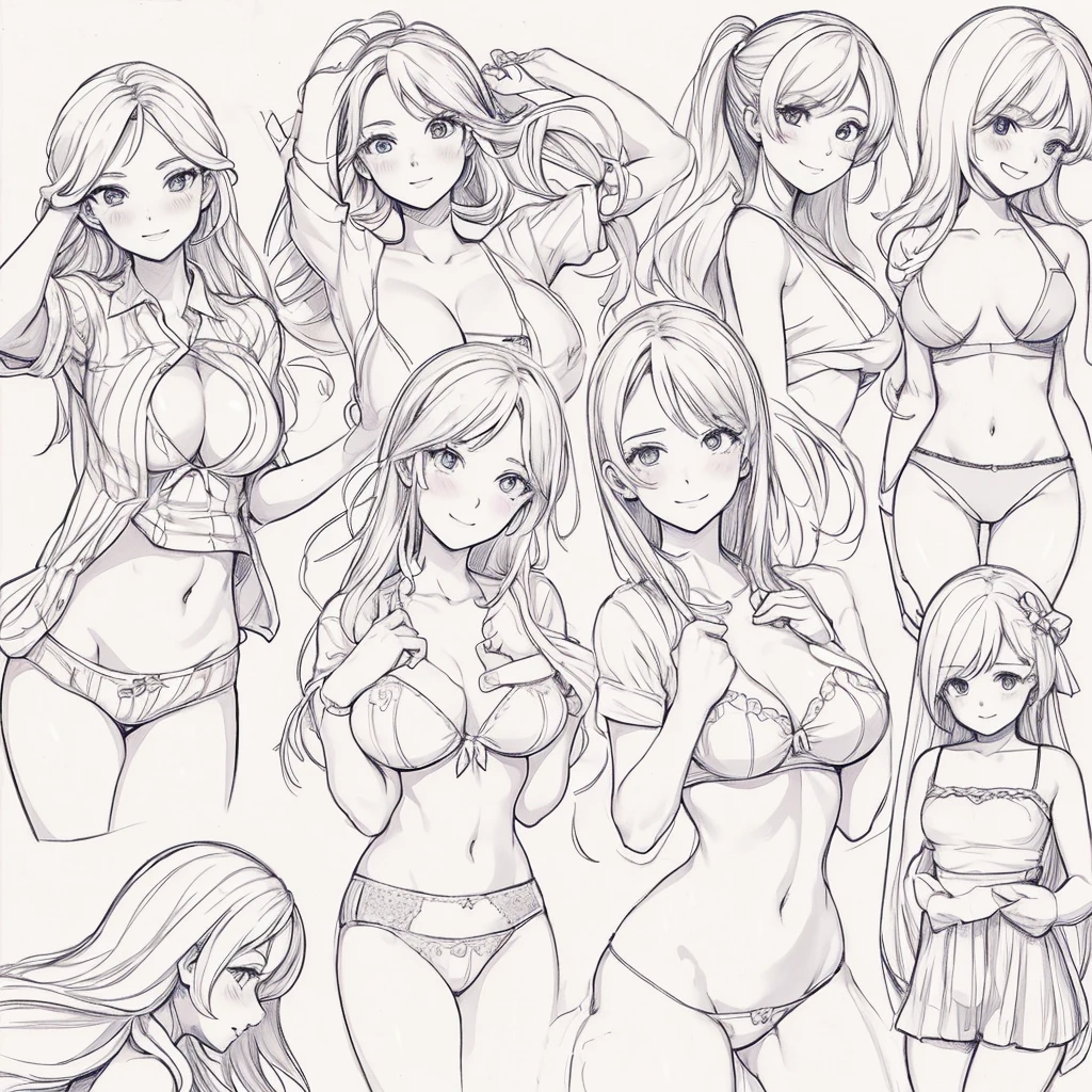 four pictures with different expressions in the same drawing style each shows one woman and two other girls, a few cartoon images of the same female character that i'm not sure what this is, a young girl touching her stomach and her breasts, a collection of sketches of several women, two pages show a woman in underwear next to another girl wearing a thongy panties