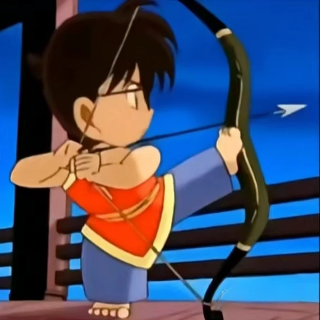 cartoon image of a boy with a Bow and Arrow in his hand, Bow and Arrow手男孩, Akira Toriyama style, Holding a bow, pointing his bow, Hero shooting posture, Bow and Arrow, aiming a Bow and Arrow, holding Bow and Arrow, Bow and Arrow手, Akira in Chinese mythology, 80s anime style, Japanese animation style, Akira Toriyama 📹