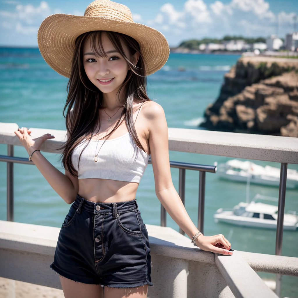 ((((Photorealistic:1.4))),((((Full body photo))),(Legs shoulder-width apart),(((AKB48)),((Sakurazaka46)),(Slim body),(Freckles)),((Lens flare),(Constricted waist)),((Sea cave in the background),((Smiling)),(NIKON Z)),(19 years old),( (((B-cup bust))))), ((((Colorful bikini swimsuit)))), ((((slight rough skin)))), (Pore feeling)))), (skin feeling)), (Photorealism: 6, realistic)))), (Earrings)), ((Backwards)),((Sideways)),Perfect breast shape, bare buttocks, braids, side ponytails,pale skin, look at the viewer, freckles, small hips, crotch without bulge, thigh gap, beach, coastline, wind, wave, 8K UHD, DSLR, frontal lighting, high quality, top quality, ultra high resolution,
