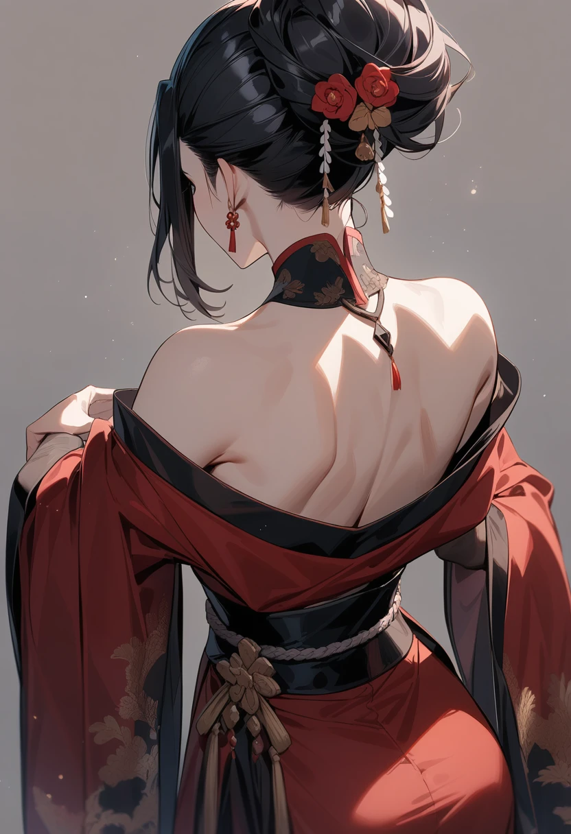 Mature women,Black long hair,Hair up,Red Hanfu,Showing cleavage,Show your shoulders,Show your back,Beautiful black eyes,Extremely detailed,high resolution,Simple background