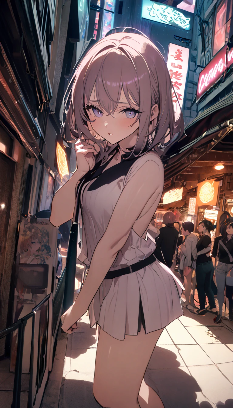 masterpiece, best quality, girl, , (peti, hair ribbon, cowboy shot,
 seductive smile, standing, idol dress, (open clothes), (dress lift), bare small breasts, nipples, pussy, break, fuzoku, storefront, scenery, night, neon,