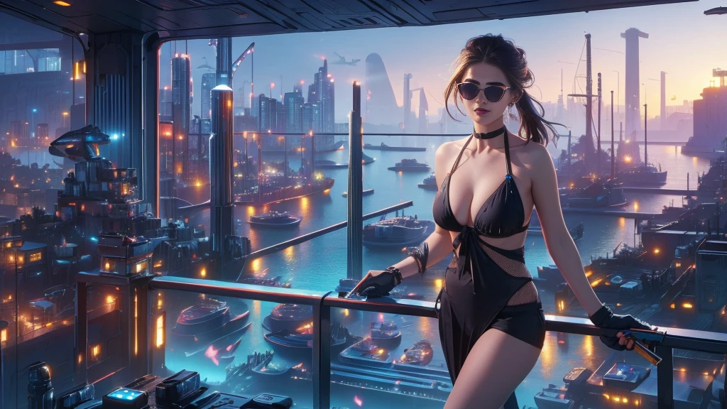 (((a medium-breast bikini slim GIRL with black (micro) sunglasses))), (((((aiming at viewer with a pistol))))), a balcony of a futuristic building, aerial view of an ultra-futuristic megalopolis, metal buildings and houses in dark colors from dark blue to black, shades of metal gray, smoky metal structures, industrial environment with smoke and fog around, dark cars on the streets, desert megalopolis, modern metal rails and trains passing through, tall futuristic metal buildings, ultra modern buildings, (((((futuristic harbour))))), realistic, detailed, sci-fi.
