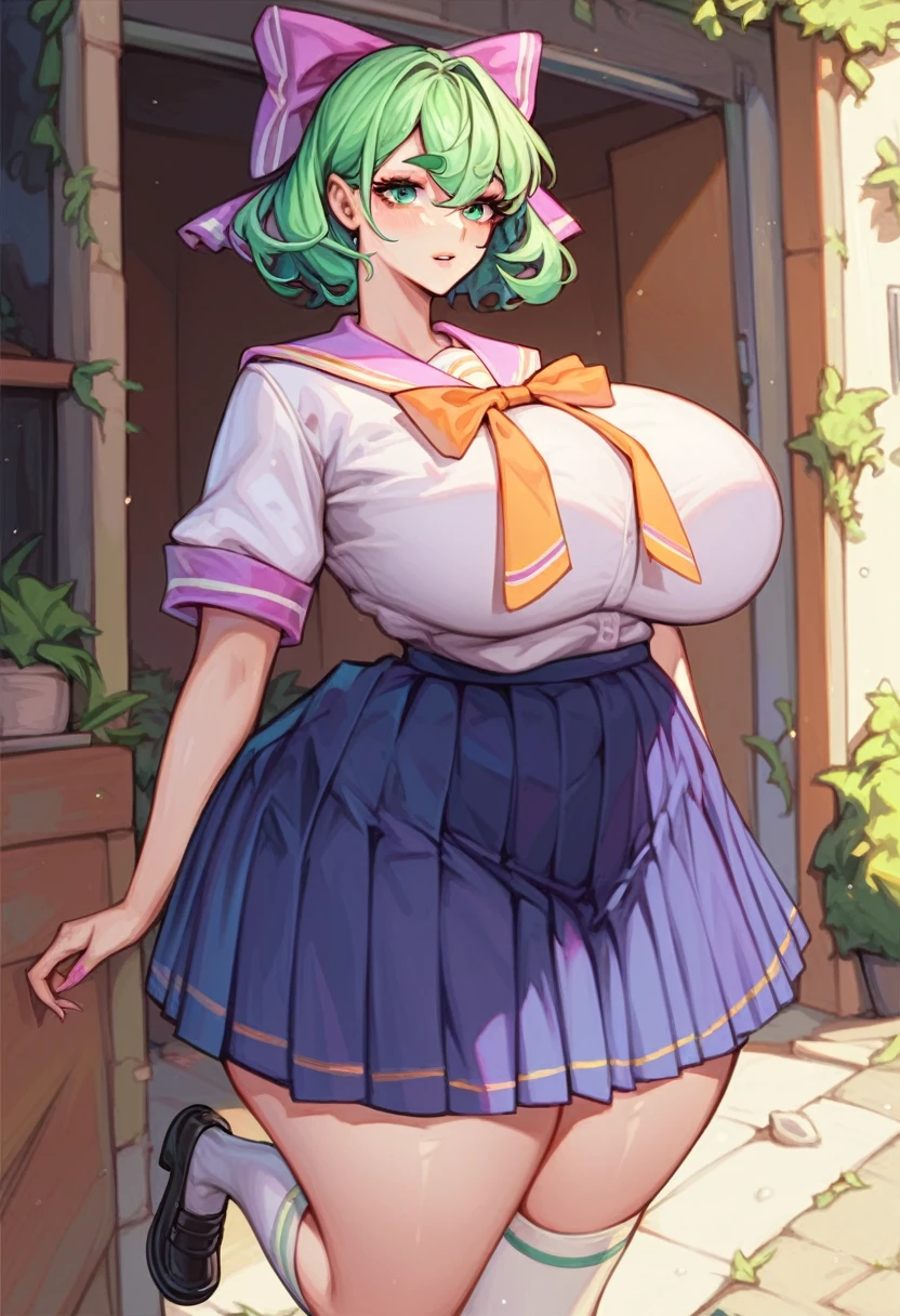 Fraction_9,Fraction_8_direction_7_direction_6_direction_5_direction_4_up,Green short hair,Green Eyes,Tie a bow at the back of your head,Purple and sailor collar,Striped sailor suit,Blue pleated skirt,White socks,leather shoes,Bean eyebrows,Wide hips,Thick thighs,Huge breasts,Huge ass,There is a bow at the back of the hair,Hair between the eyes,Sexy,Cute girl,Green Hair,Everlasting,Positive appearance,Break