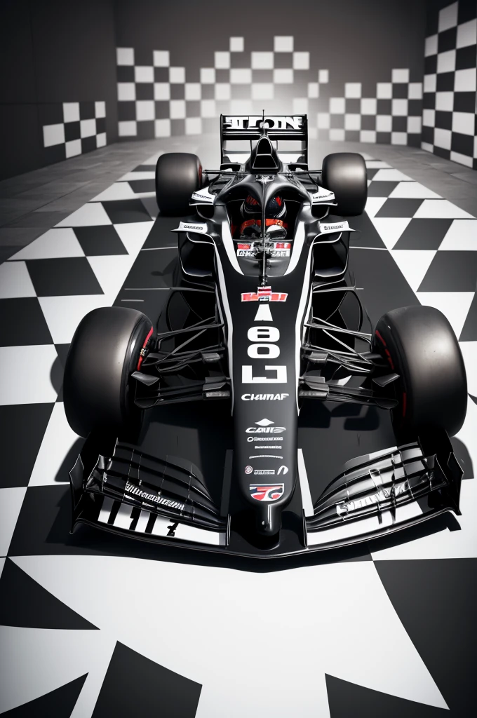 Black and white checkered background with a formula 1 car in the center below the chanpionship name