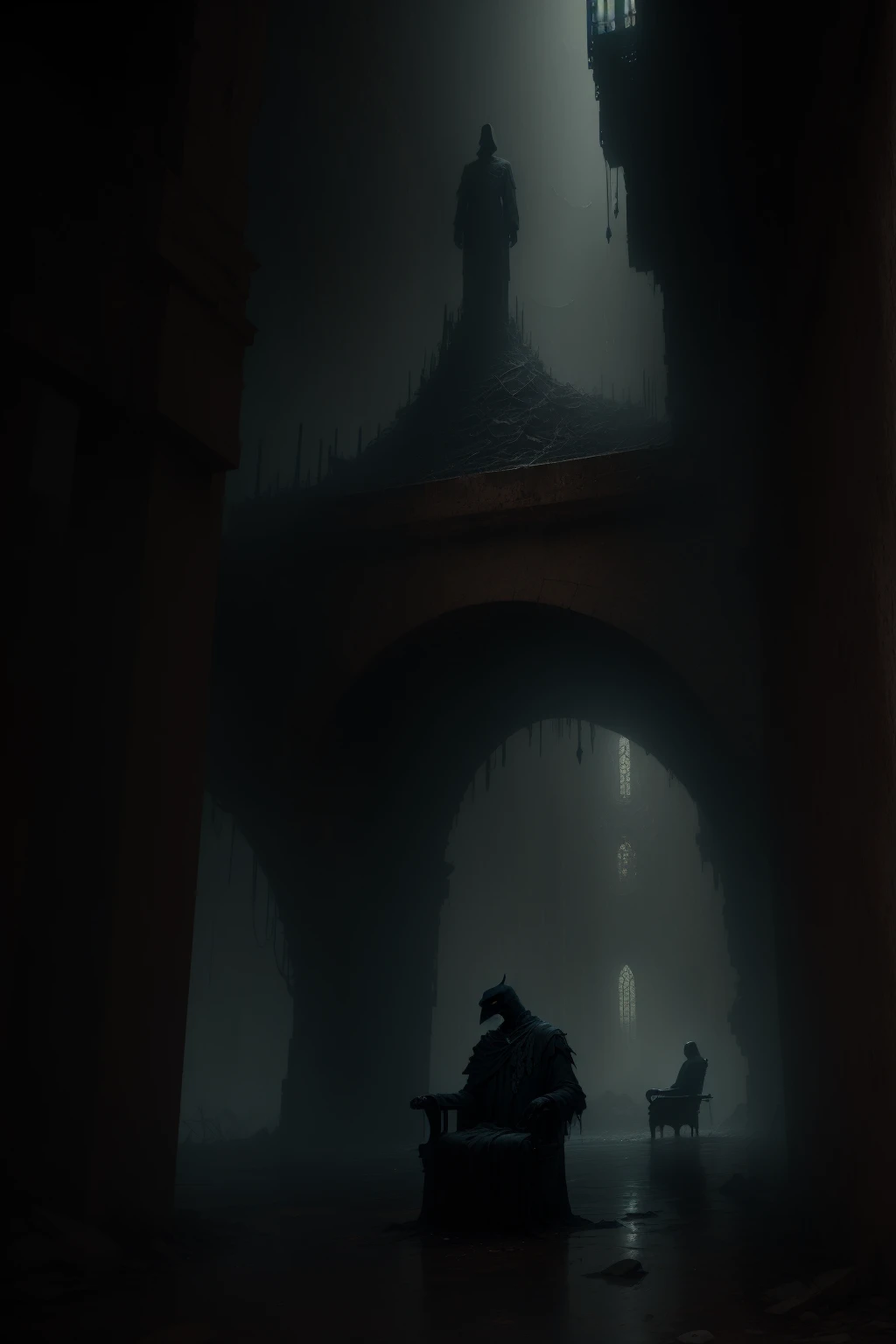 (photo and gross, Best Quality, Masterpiece, photorealistic, Of the highest quality, Maximum image quality, high resolution, 8k, High Definition:1.2), Vibrant,ethereal lighting,sharp focus,ultra detailed,((Extremely detailed 8k unified CG wallpaper)),(Best Quality,4k,8k,high resolution,Masterpiece:1.2),ultra detailed,(realist,photorealist,fotorrealista:1.37), ((surrealism,faceless shadow sitting on the throne of power:1.5)),detailed eyes,beautiful detailed lips,White protective clothing,crows flying,left the subway,subway platform,narrow underpass,spiral stairs,light suits,abandoned atmosphere,shadows and light contrast,unexpected meeting,mysterious aura,elements of dark surrealism,twisted reality,strange and dreamlike atmosphere,strange silence,mystical vibes,disturbing tension,Restless emotions,emerging shadows,dark figures emerging from the darkness,haunting presence,paisaje surrealist,misty fog,ethereal illusions,distorted perspectives,arcane symbolism,crow feathers,sinister atmosphere,ghostly whispers,dreamy and spooky atmosphere,unclear boundaries of reality and imagination,haunting beauty,amazing scenarios,creepy atmosphere,Otherworldly experience,roof leaking water,melancholic mood, and feeling of isolation,industrial urban decay,hauntingly beautiful haunting presence,sublime beauty of the unknown,impressive images,Mysterious and enigmatic scenes..,An enigmatic story waiting to be revealed..,Visual paradoxes,chilling and captivating visual journey,contrast between light and dark,bright colors with desaturated tones,Subtle touches of color to enhance the atmosphere..