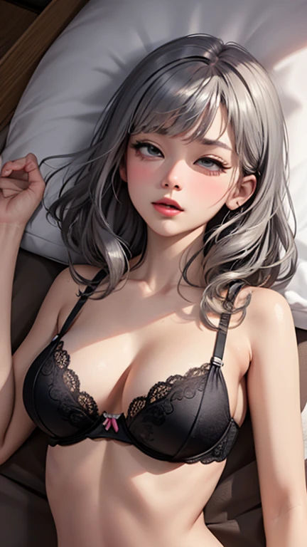 ((Browsing Caution:1.4, masterpiece, Highest quality, High resolution, 超High resolution, Pixel perfect, Written boundary depth, 4K, RTTX10.0, High resolution))), One Girl, single, alone, she, Beautiful Anime Girls, Beautiful art style, Anime characters, (((((Mid-length hair、Silver Hair、lure))))), ((Beautiful eyelashes)), ((Detailed face, Blushing:1.2)), ((Smooth texture:0.75, Realistic texture:0.5, Anime CG Style)), ((Beautiful and large breasts, Cleavage)), indoor, Bedroom, Dynamic Angle, Big Breasts, Perfect body, Underarm, ((Sleeping in bed, (Sleep on your back:1.5), sleepy, close your eyes, Lying in bed, Sleeping posture, Wake up)), ((close, throw, cute, Shoot the body, Sighing expression)), ((black bra color, Black Lingerie)), (Natural light, Reflection of light, Morning Scenery), Embarrassed expression, (Expression of sexual pleasure:1.4), (Expression of unbearable pain:1.2), The expression of someone who is holding back from going to the toilet, twist, Raise your hand