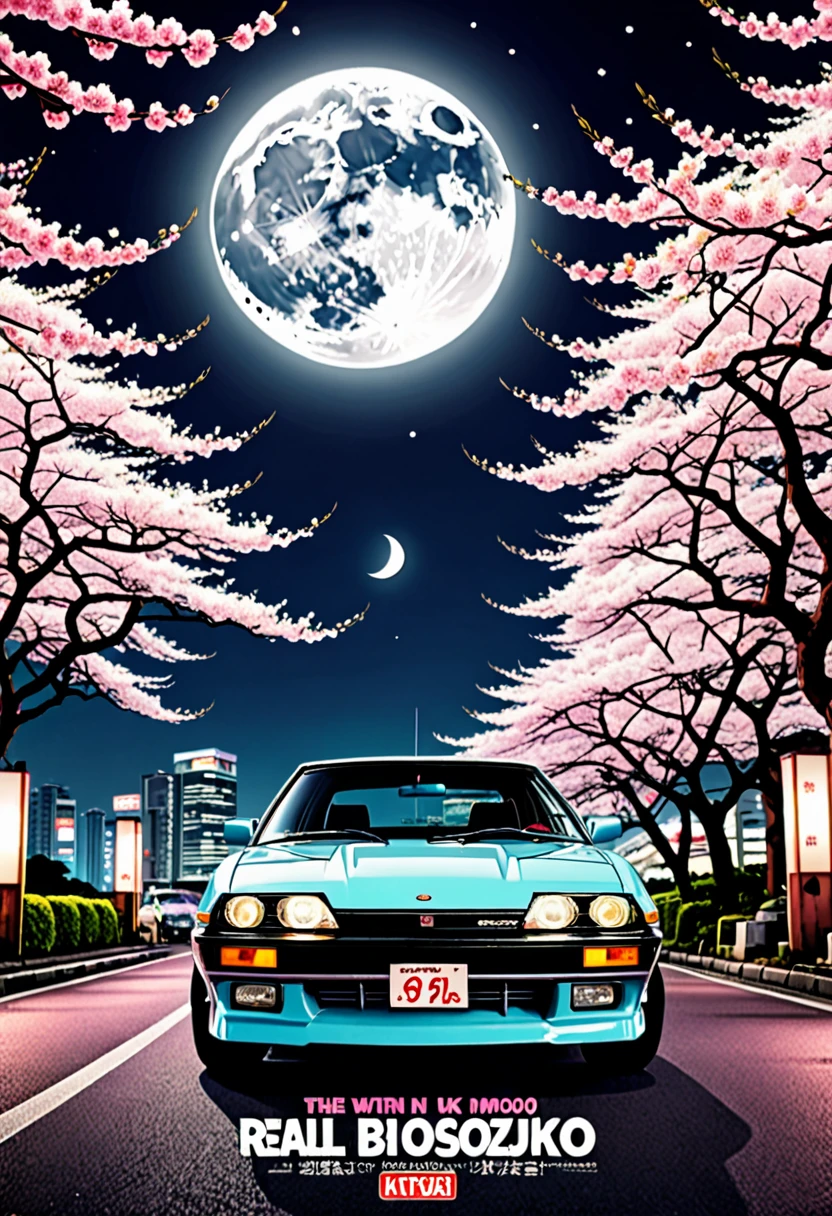 ((masterpiece)), ((Best quality)), ((A high resolution)) ((4K)) ((real photo)) 90s retro poster, with Japanese cars , tuning in bosozoku style ((Natural light)) night, big moon, Cherry blossoms, Japanese style inscriptions on the poster , like a magazine cover