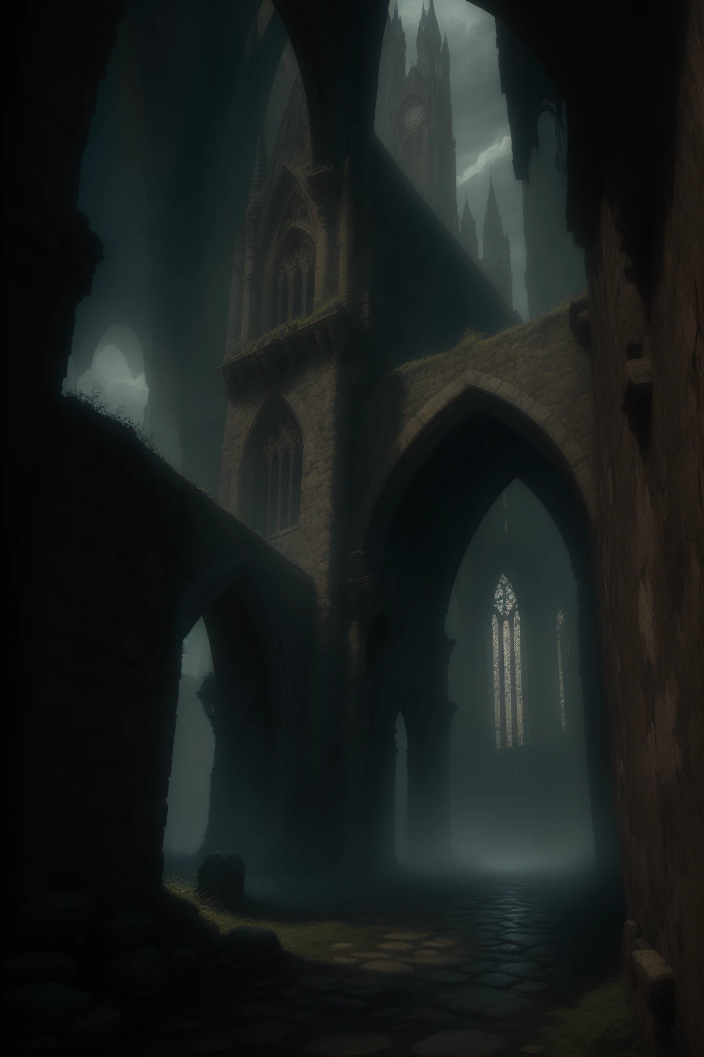 1 medieval fantasy scene, detailed medieval castle, gothic architecture, dramatic lighting, moody atmosphere, overcast sky, rolling hills, lush green meadows, stone bridges, cobblestone streets, ornate iron gates, wooden watchtowers, (best quality,4k,8k,highres,masterpiece:1.2),ultra-detailed,(realistic,photorealistic,photo-realistic:1.37),intricate textures, rich color palette, dramatic chiaroscuro, cinematic composition, grand scale, 15th century, historical accuracy