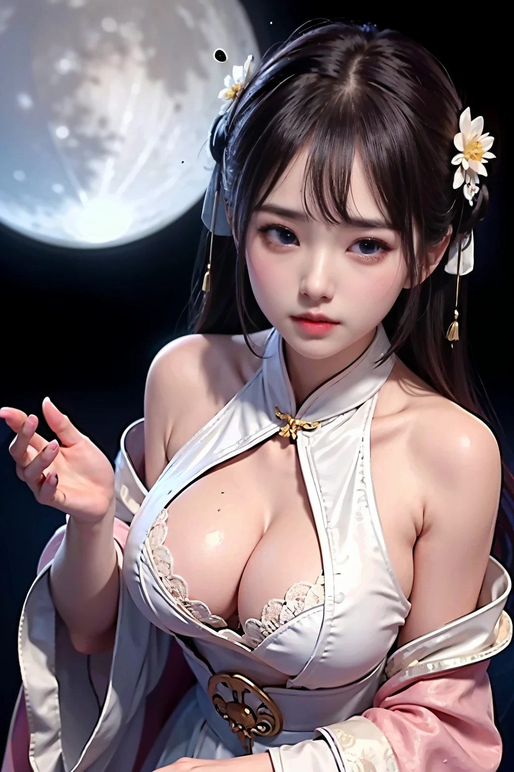 a princess 8 yeald old cute Hanfu dynasty open V-chested clothes royal, All pictures, Wet body of thin silk fabric, Thin silk lace petticoat,princess 8 yeald old cute, (huge ,cleavage),petticoat, white pink, blue ,best qualtiy,tmasterpiece,Ultra-high resolution,(Reality:1.4),RAW photogr,(True skin texture:1.3),(filmgrain:1.3),(Selfie angle),1个Giant Breast Girl,Beautiful eye and face details,tmasterpiece,Best quality at best,exposing thighs,Bigchest,The chest is more exposed, detailed hair,above looking down facing at camera,short dressPrincess Eyes,Super big eyes,Detailed face,shiny pupils, dress pink (a garden,moon palace,Chang'e,mooncakes)